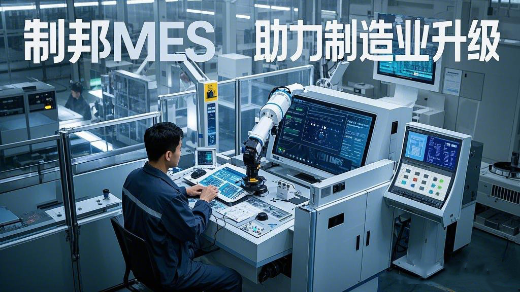 主題為 “制邦MES 助力制造業(yè)升級”。畫面呈現(xiàn)出一個(gè)現(xiàn)代化的智能工廠，車間里機(jī)械臂有序地工作，在工廠的中控室里，大屏幕上展示著生產(chǎn)數(shù)據(jù)和制邦MES的數(shù)據(jù)分析圖表，一位工程師正在通